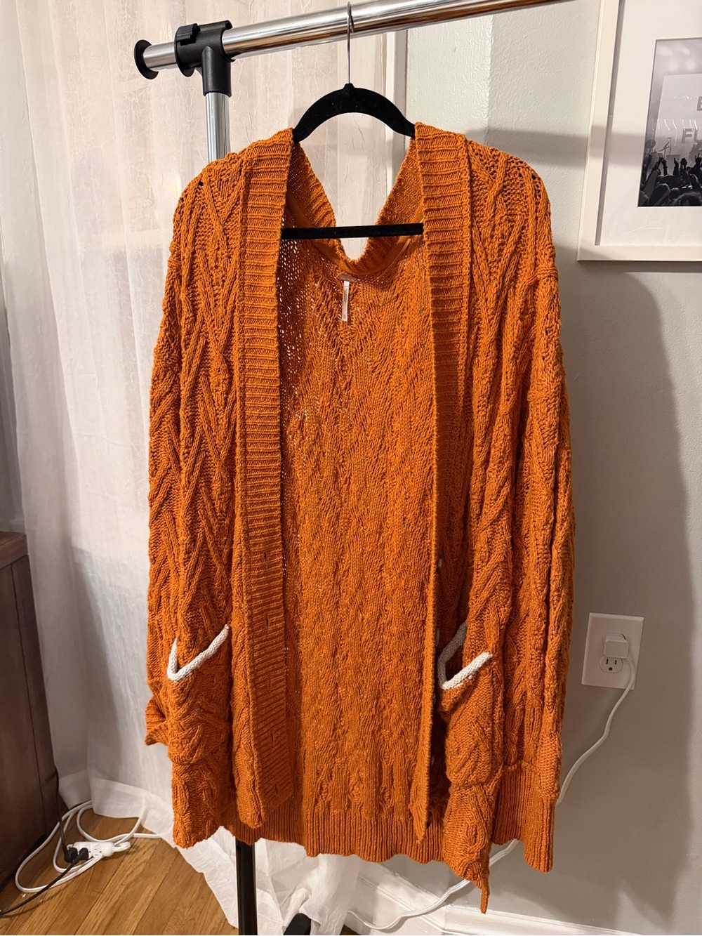Free People Orange Cable Knit Open Cardigan with Pocket Trim